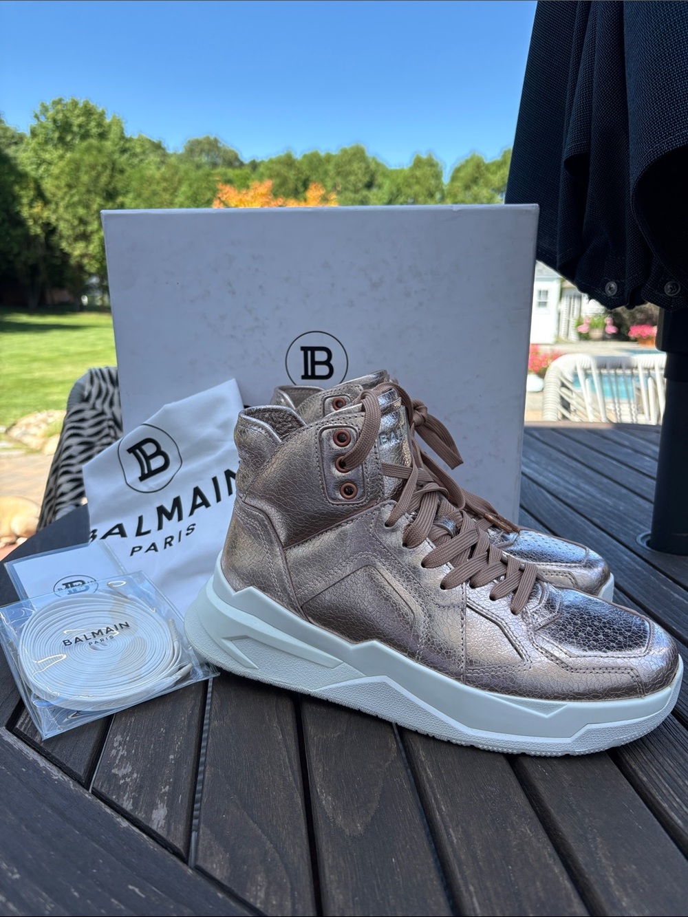 Balmain Women’s Metallic Rose Gold High-Top Sneakers